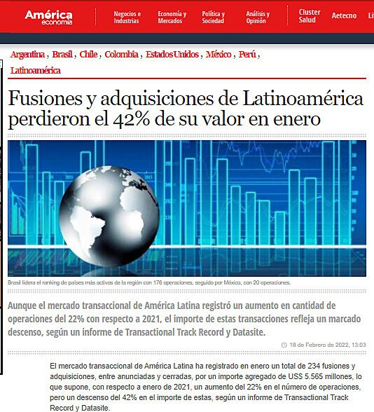 Fusiones y adquisiciones de Latinoamrica perdieron el 42% de su valor en enero